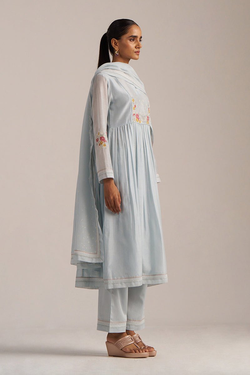 Chalk Blue Mul Chanderi Embroidered Kurta Set