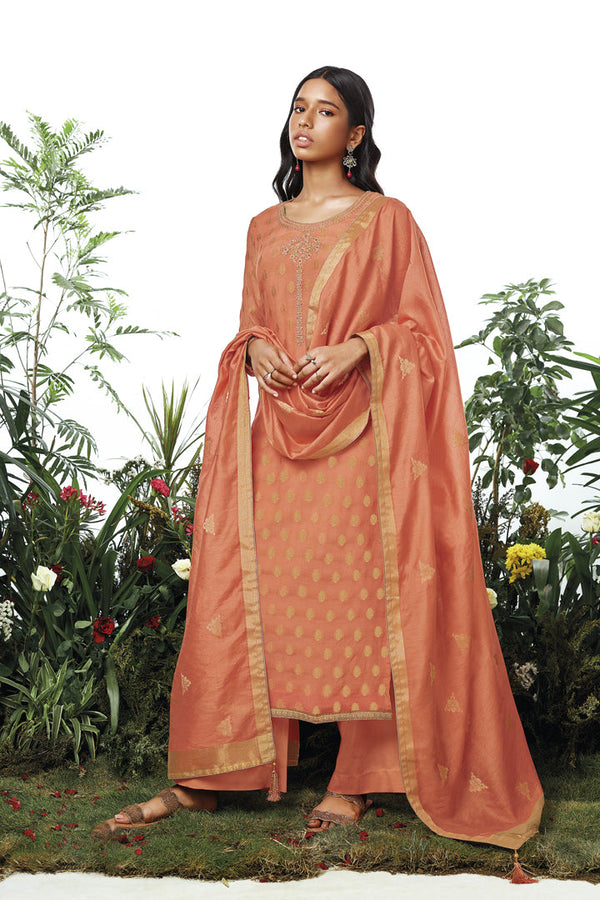 Orange color Chiffon Jacquard Embroidered Suit with Banarasi Dupatta