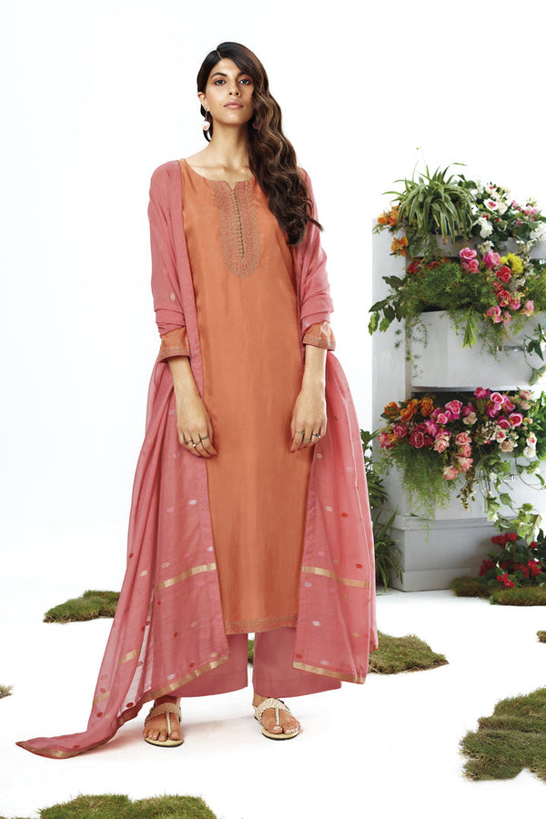 Peach Color Habutai Silk Embroidered Suit with Banarasi Jacquard Dupatta