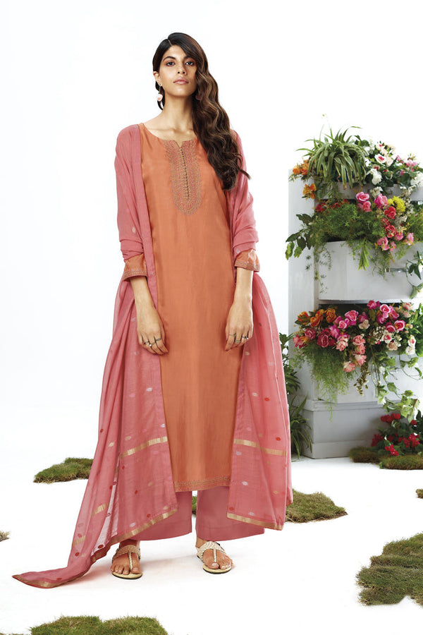 Peach Color Habutai Silk Embroidered Suit with Banarasi Jacquard Dupatta