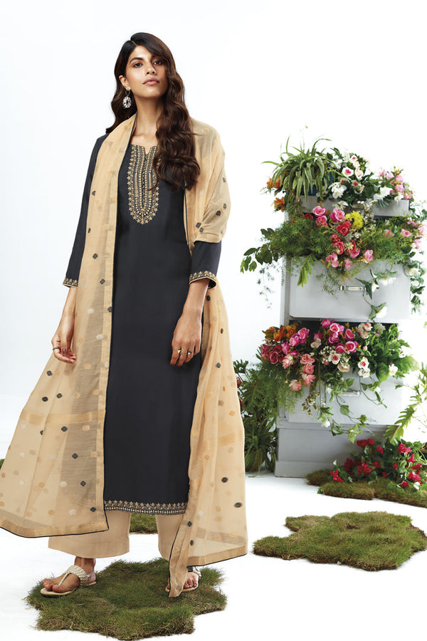 Black Color Habutai Silk Embroidered Suit with Banarasi Jacquard Dupatta