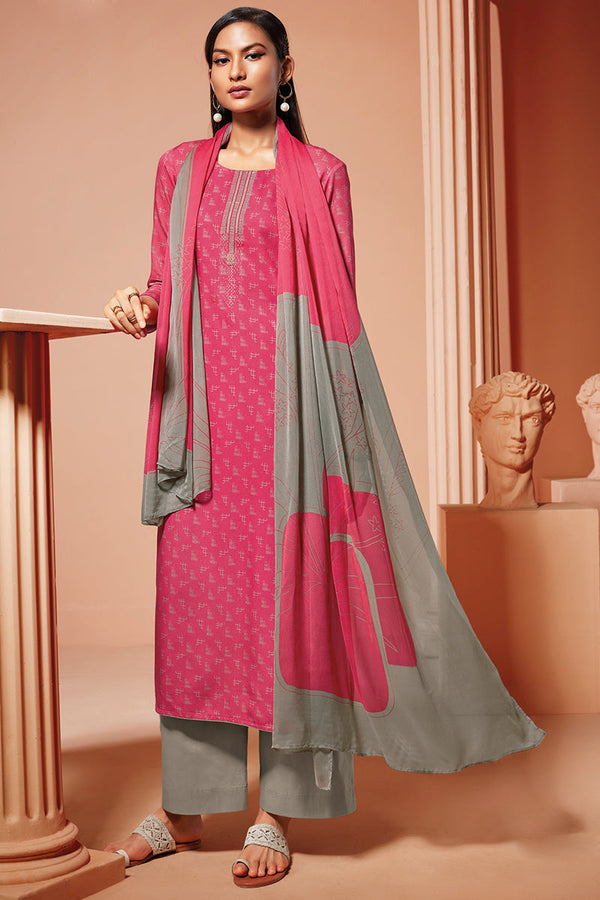 Pashmina Printed Embroidered Suit with Chiffon Printed Dupatta