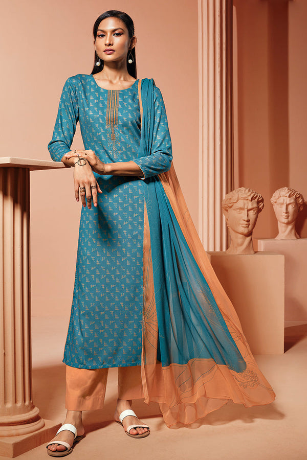 Pashmina Printed Embroidered Suit with Chiffon Printed Dupatta