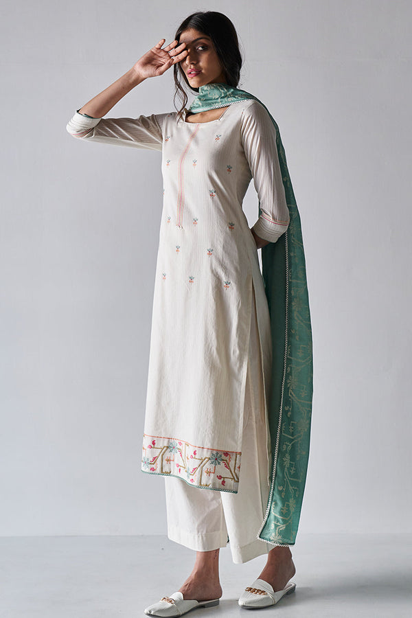 Cream Cotton Dobby Embroidered Suit with Lawn Dupatta