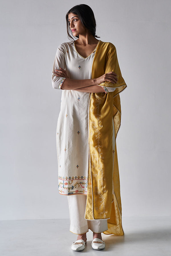 Cream Cotton Dobby Embroidered Suit with Lawn Dupatta