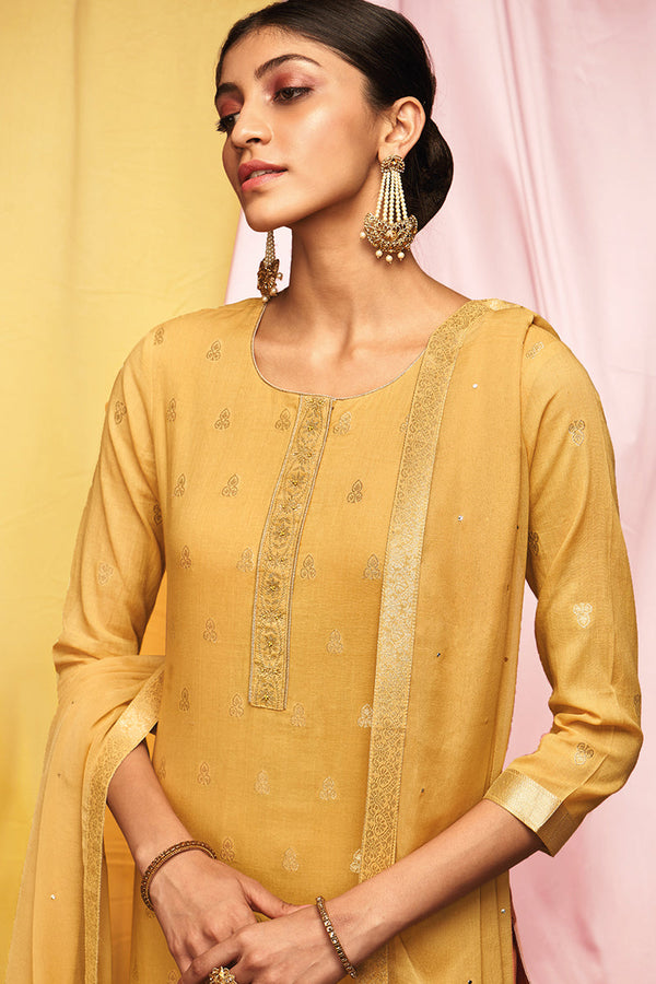 Yellow Premium Cotton Jacquard Embroidered Suit with Chiffon Dupatta