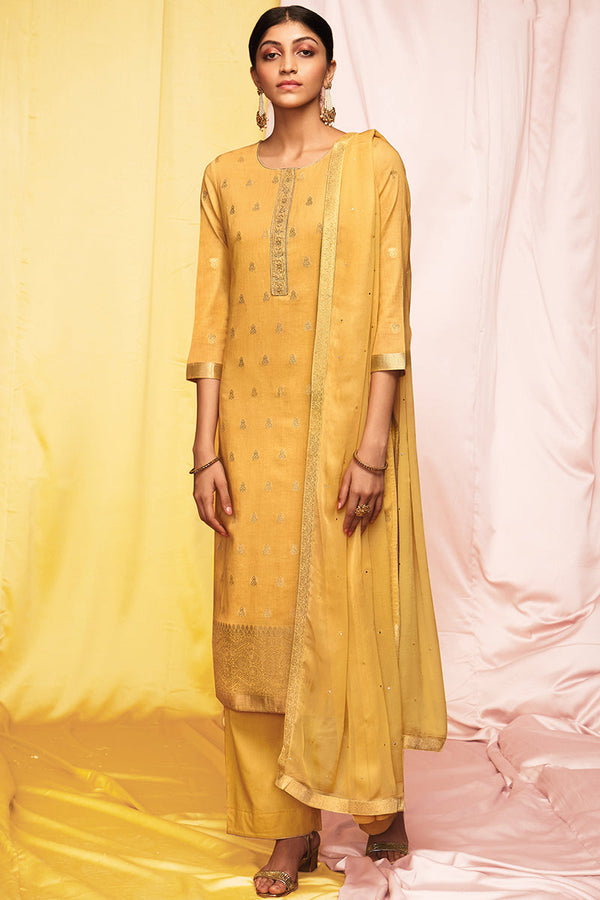 Yellow Premium Cotton Jacquard Embroidered Suit with Chiffon Dupatta