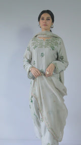 Light Grey and Green Raw Silk Kurta Set