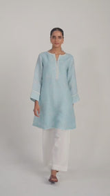 Canal Blue Linen Hand-Printed Kurta