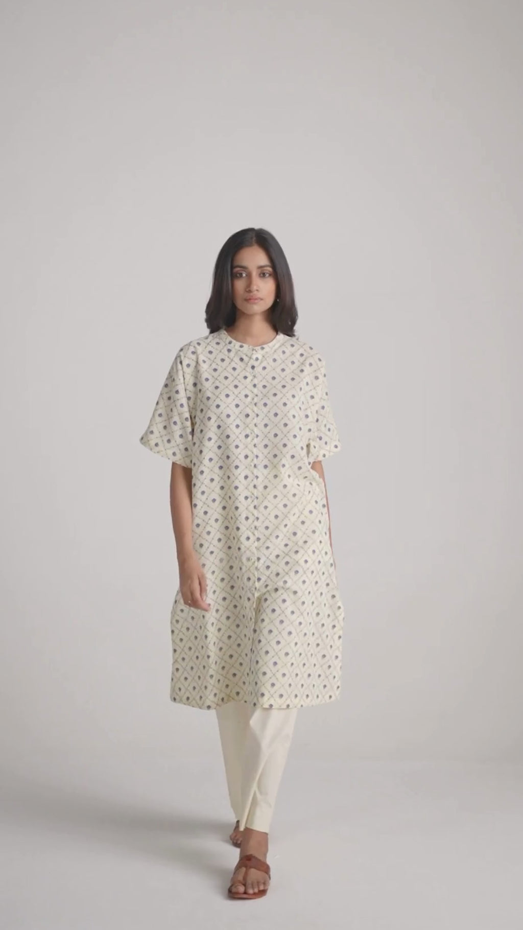 Cream and Blue Small Flower Hand-Print Cotton Linen Co-ord Set