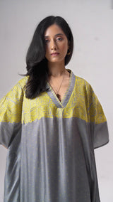 Dove Grey and Olive Gaji Silk Kaftan Set