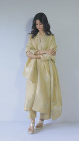 Gold Beige Silk Jacquard Kurta Set
