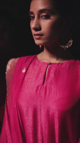 Bright Rose Pink Zari Woven Bemberg Silk Salwar Suit With Zari Woven Monga Silk Jacquard Dupatta