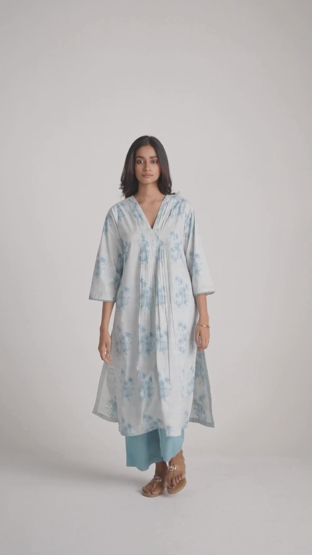Cream and Dusty Blue Hand-Print Cotton Co-ord Set