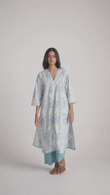Cream and Dusty Blue Hand-Print Cotton Co-ord Set