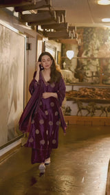 Deep Purple Golden Embroidered Raw Silk Salwar Suit With Silk Organza Dupatta