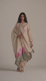 Beige and Pink Woven Kurta Set