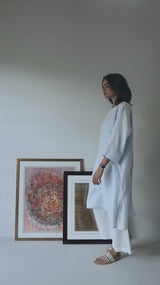 Pastel Blue Linen Top With Thread Embroidery Detailing on Neck and Sleeves