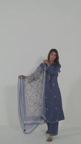 Blue Cotton Salwar Suit With Chiffon Dupatta