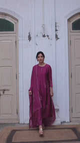Wine Raw Silk Salwar Suit With Organza Dupatta