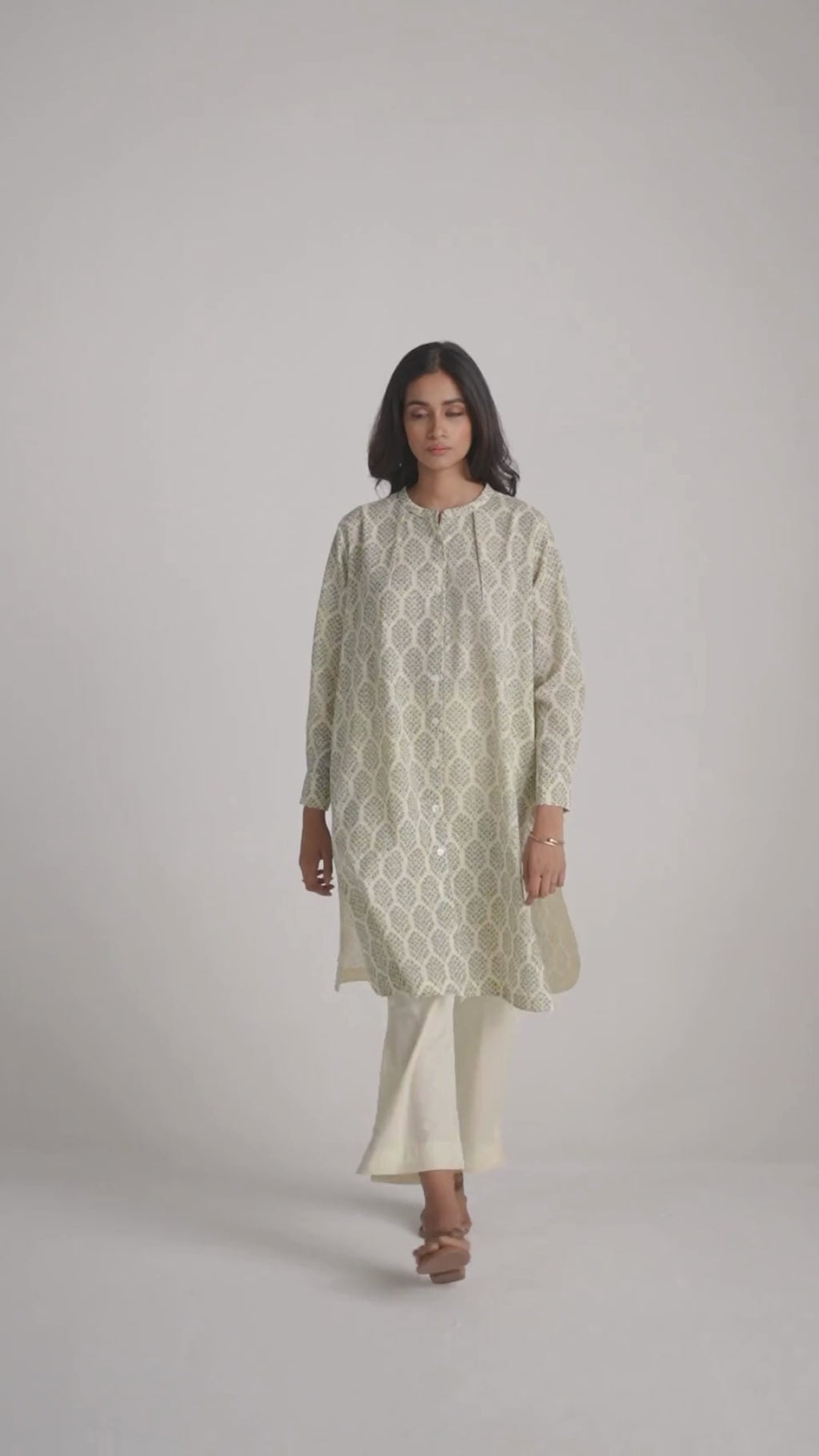 Cream and Deep Olive Mughal Tree Hand Print Cotton-Linen Co-ord Set