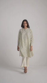 Cream and Deep Olive Mughal Tree Hand Print Cotton-Linen Co-ord Set