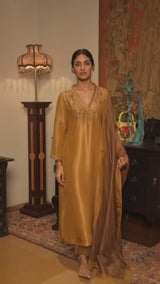 Mustard Tissue Silk Festive Kurta Set