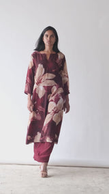 Maroon and Beige Bemberg Silk Printed Co-ord Set