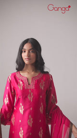 Rani Pink Zari Woven Festive Kurta Set