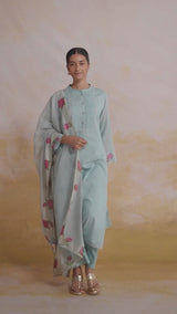 Ether Blue Embroidered and Woven Kurta Set