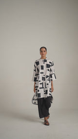 White and Black Print Cotton Asymmetric Shirt Kurta