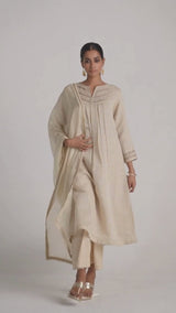 Beige Woven Kurta Set
