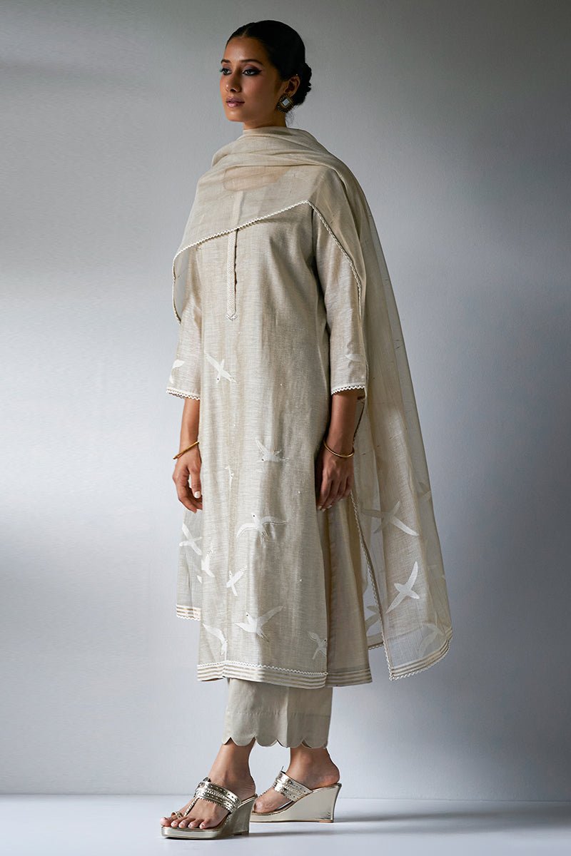 Fog Beige Woven Kurta Suit Set With Embroidery and Hand Work Detailing