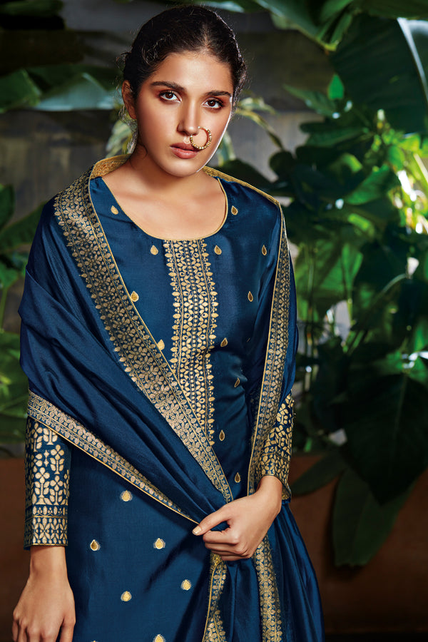 C0522-S Blue Bemberg Silk Jacquard Kurta with Bemberg Silk Dupatta 