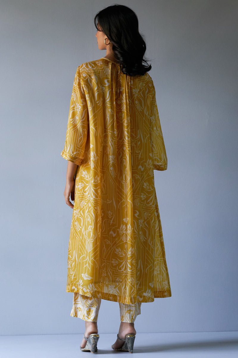 Mustard Yellow and Beige Bemberg Silk Printed Co-ord Set