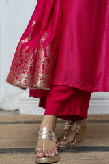 Bright Rose Pink Zari Woven Bemberg Silk Salwar Suit With Zari Woven Monga Silk Jacquard Dupatta