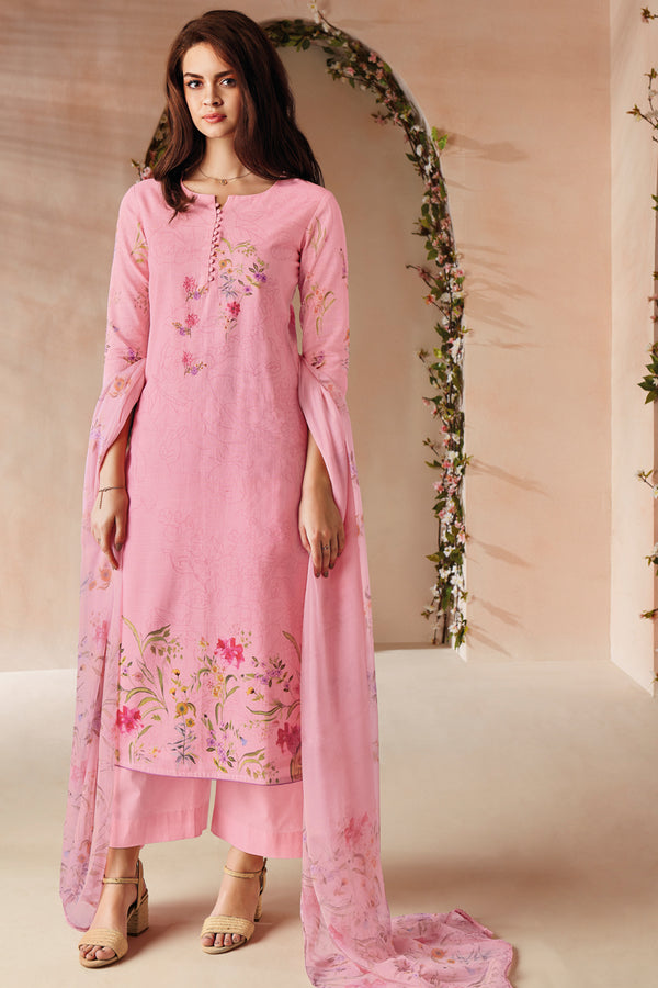 Pink Premium Cotton Linen Suit with Chiffon Printed Dupatta
