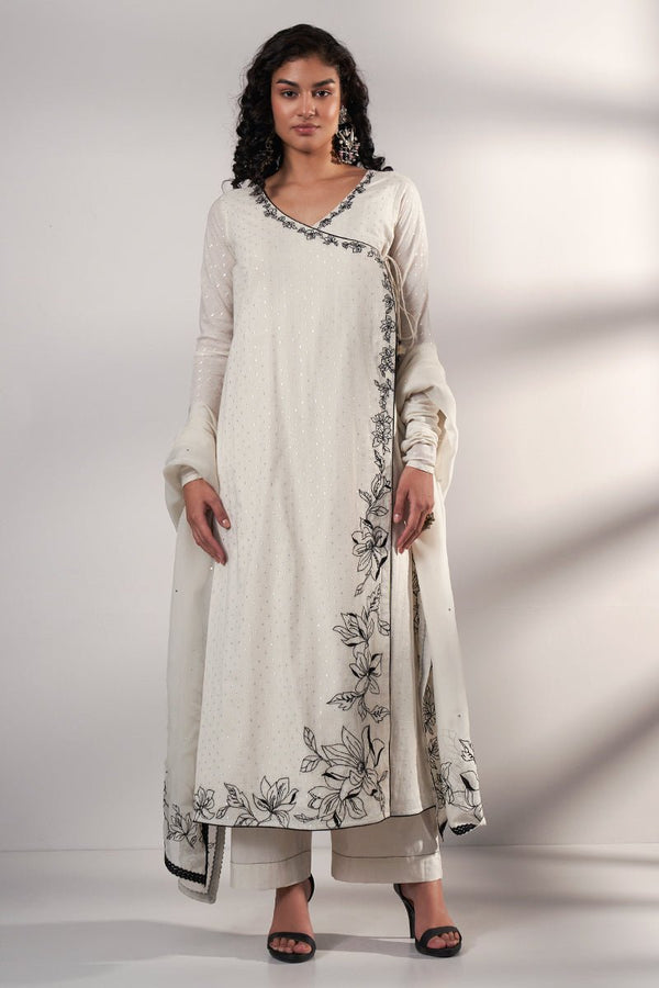 Off White Handloom Woven Cotton Jacquard Angrakha Suit With Organza Dupatta With Embroidery Detailing