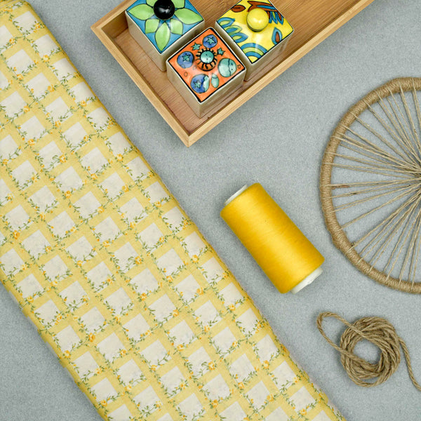 Yellow Checks Screen Printed Cotton Fabric