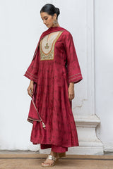 Wine Raw Silk Printed and Hand Detailed Festive Salwar Suit