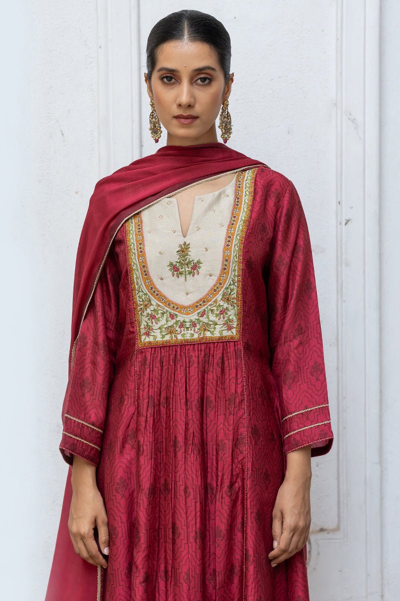 Wine Raw Silk Printed and Hand Detailed Festive Salwar Suit
