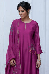 Wine Raw Silk Salwar Suit With Organza Dupatta