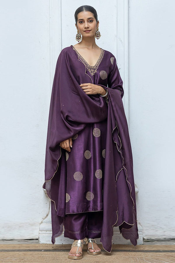 Deep Purple Golden Embroidered Raw Silk Salwar Suit With Silk Organza Dupatta