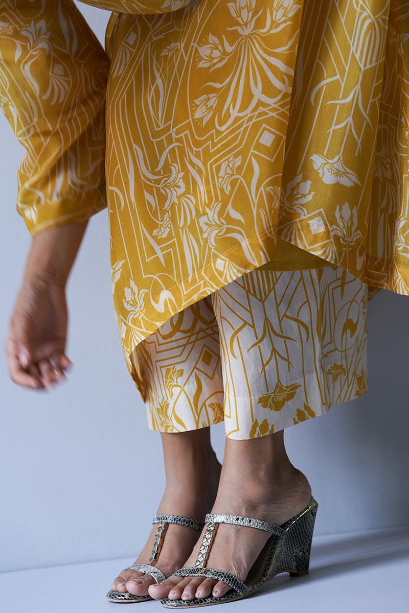 Mustard Yellow and Beige Bemberg Silk Printed Co-ord Set