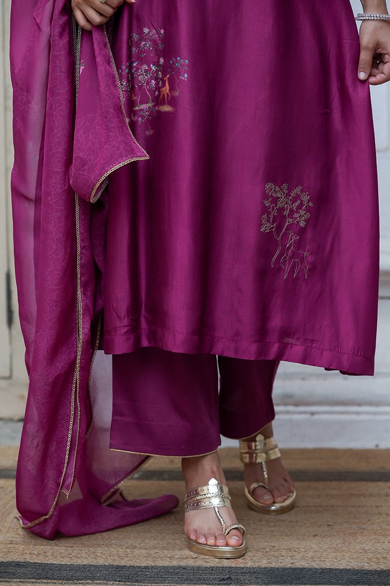 Wine Raw Silk Salwar Suit With Organza Dupatta