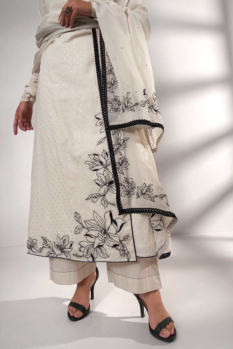 Off White Handloom Woven Cotton Jacquard Angrakha Suit With Organza Dupatta With Embroidery Detailing