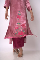 Fushia Pink and Beige Silk Velvet Salwar Suit