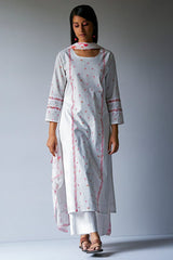 White Bougainvillea Cotton Printed Salwar Suit With Embroidery and Lace Detailing on Sleeves