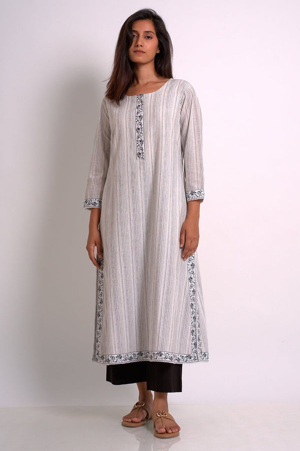 White Cotton Stripe Woven Kurta With Cotton Bottom