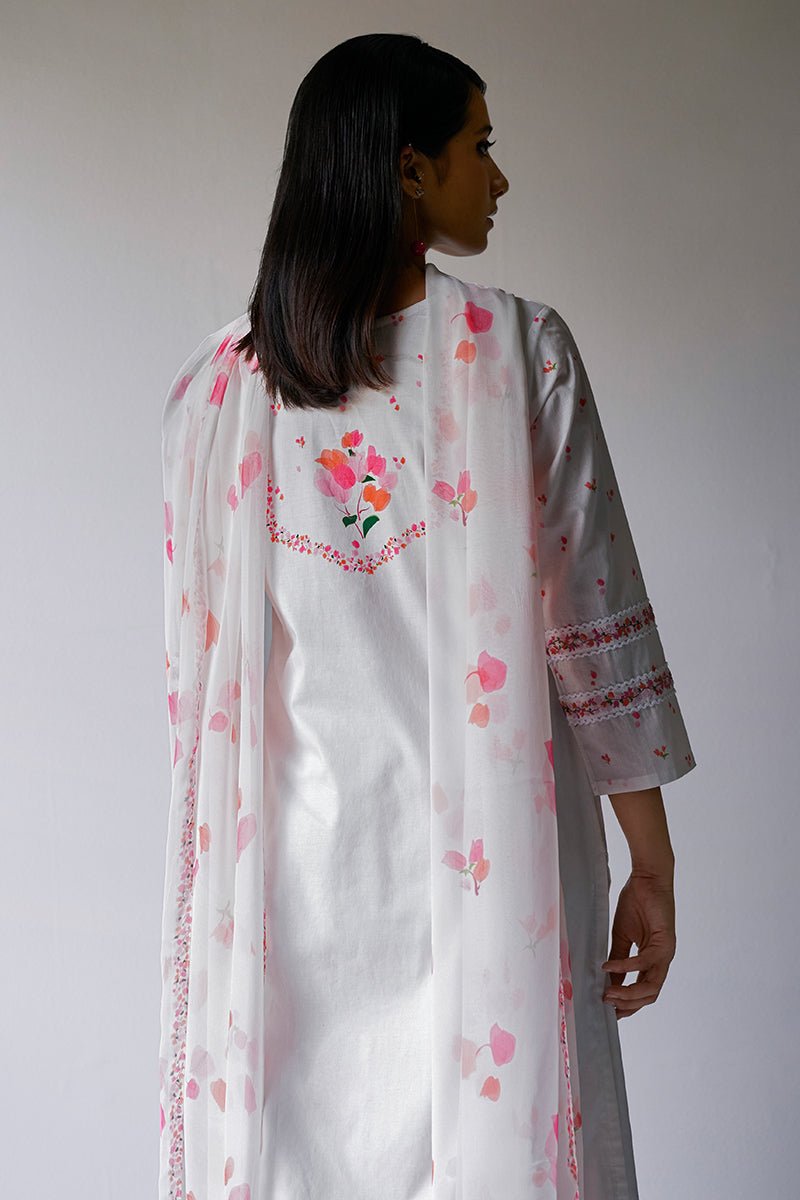 White Bougainvillea Cotton Printed Salwar Suit With Embroidery and Lace Detailing on Sleeves